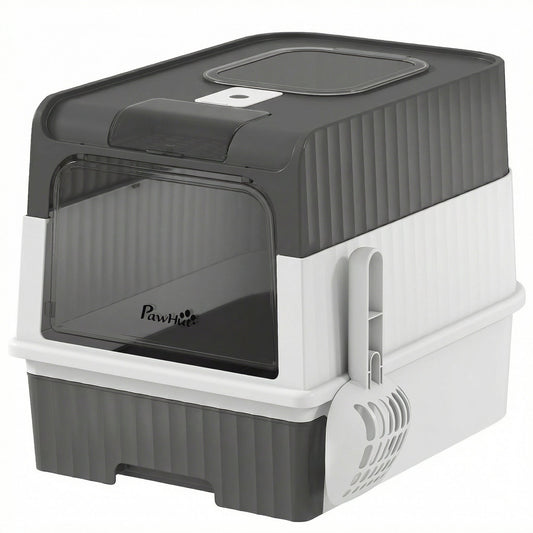 PawHut Enclosed Cat Litter Box with Lid, Pull-Out Drawer Tray, Scoop, 4 Deodorisation Bags, Front Entry & Top Exit, Grey