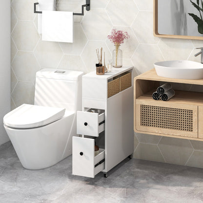 Slim Bathroom Storage Cabinet Movable with 2 Drawers and Baskets-White