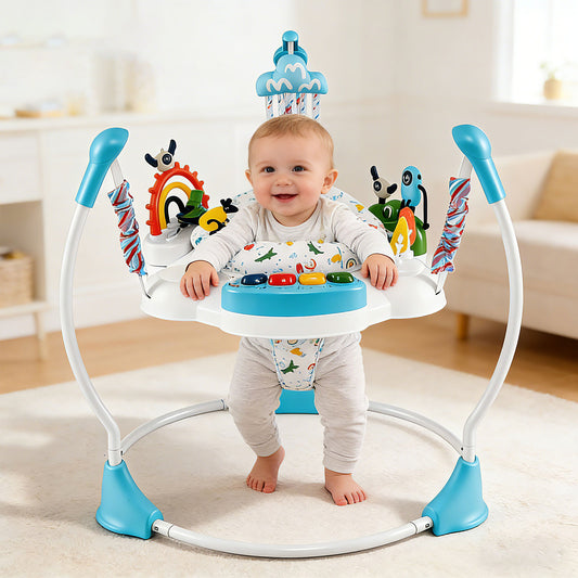 The baby bouncer with a happy baby standing inside it in a bright living room