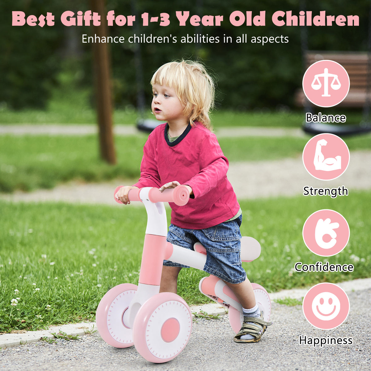 A young child riding a pink balance bike outdoors on a paved path, with text about benefits