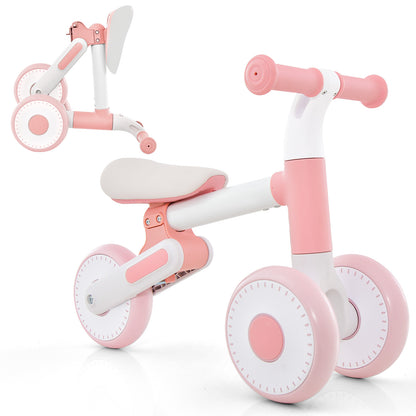Pink toddler training bicycle shown assembled and folded