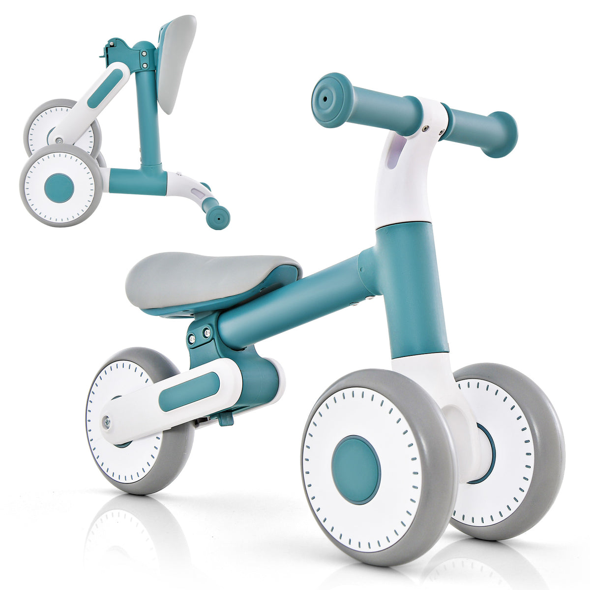 The balance bike shown in a riding position and a folded position for storage