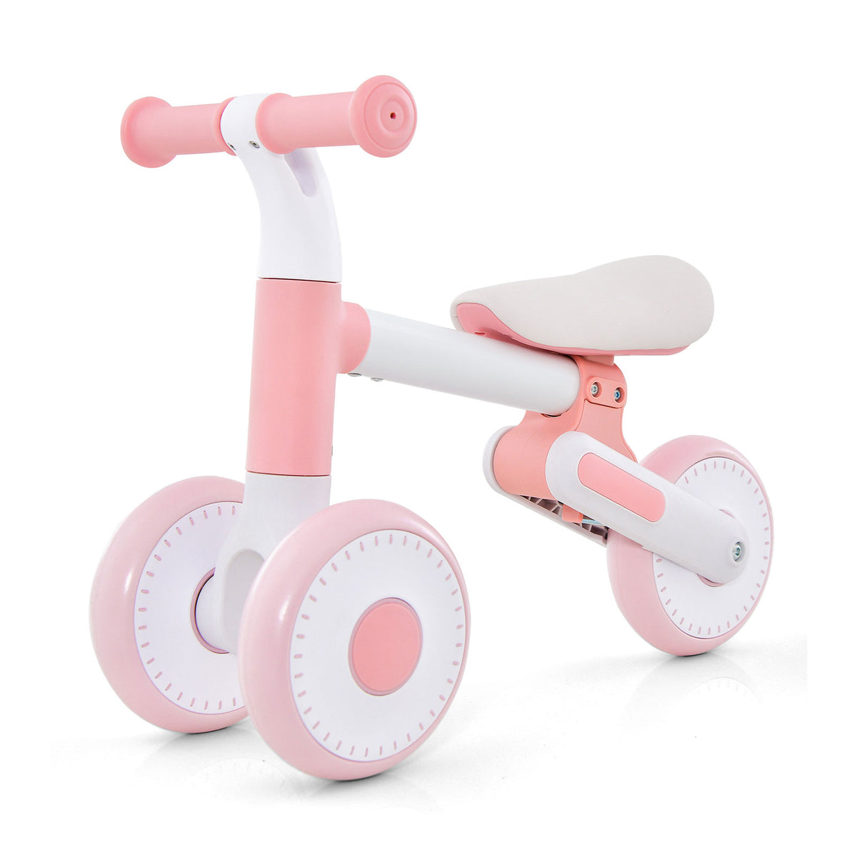 Baby Balance Bike Toddler Walker Training Bicycle in pink with white accents, showing the full design