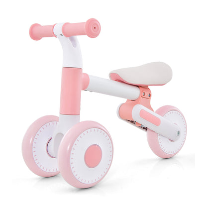 Baby Balance Bike Toddler Walker Training Bicycle in pink with white accents, showing the full design