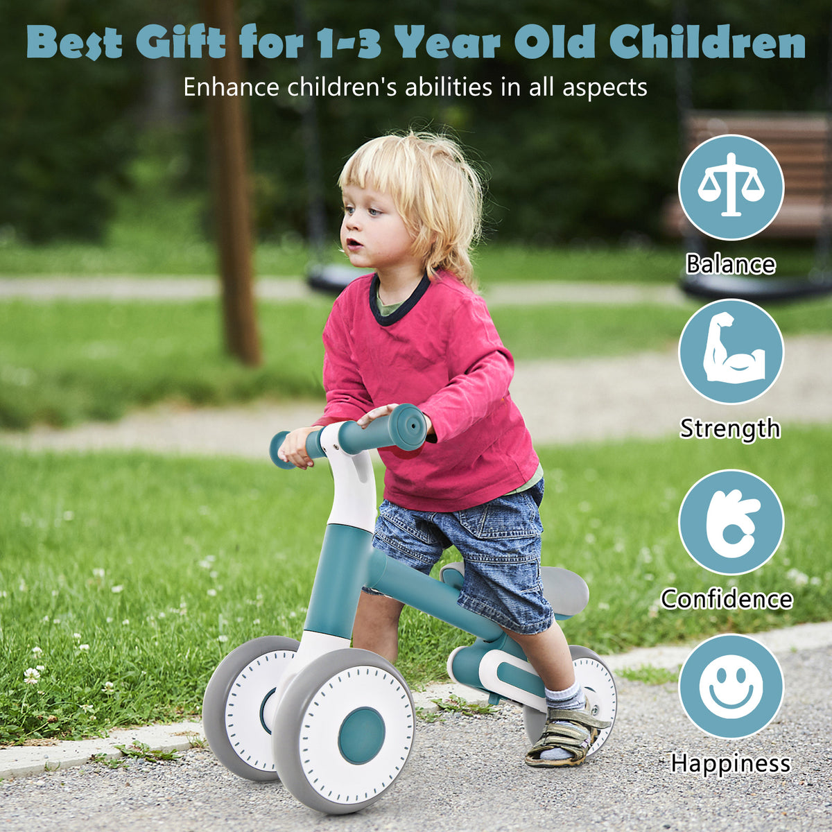 A young child riding the balance bike on a path in a park with developmental benefits listed