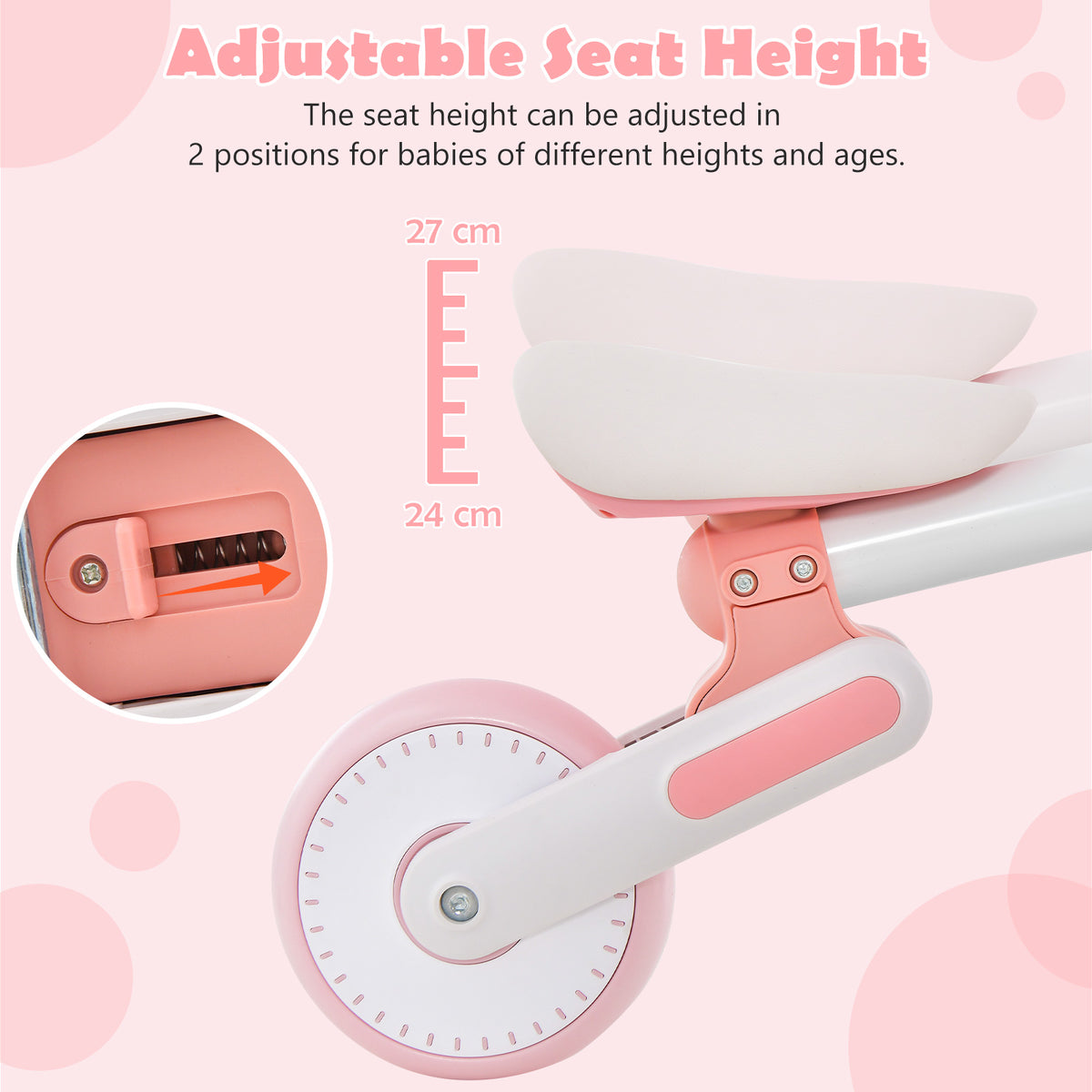 Close-up of the adjustable seat on the pink balance bike, showing height adjustment mechanism