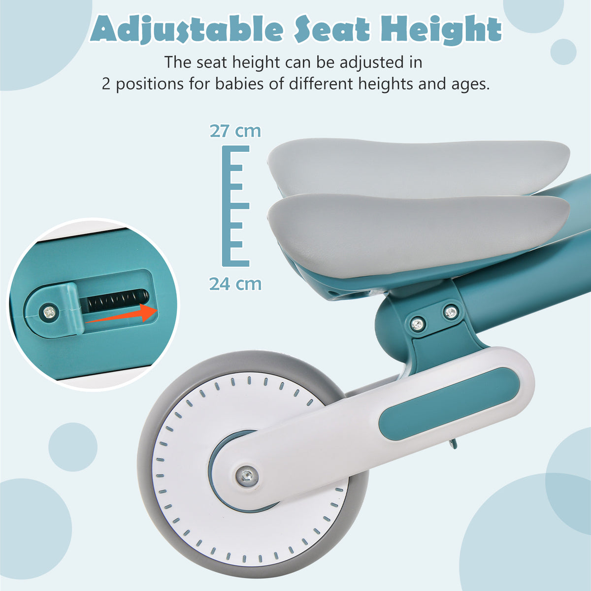 Close-up of the adjustable seat mechanism showing two height positions