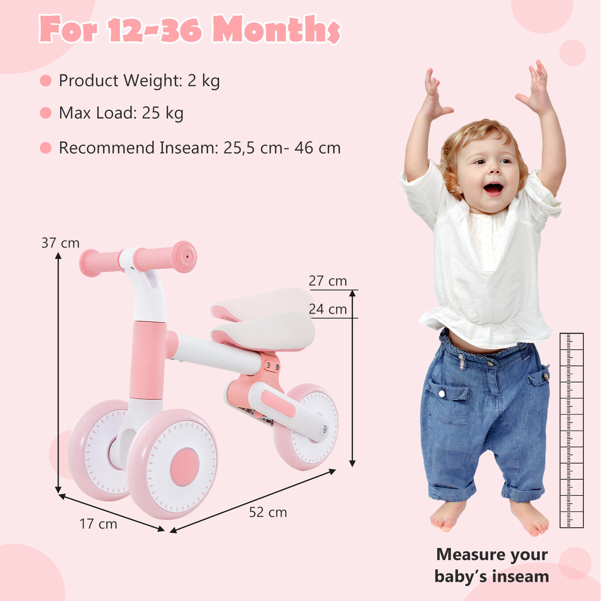 Size diagram of the pink balance bike with measurements and a child for scale