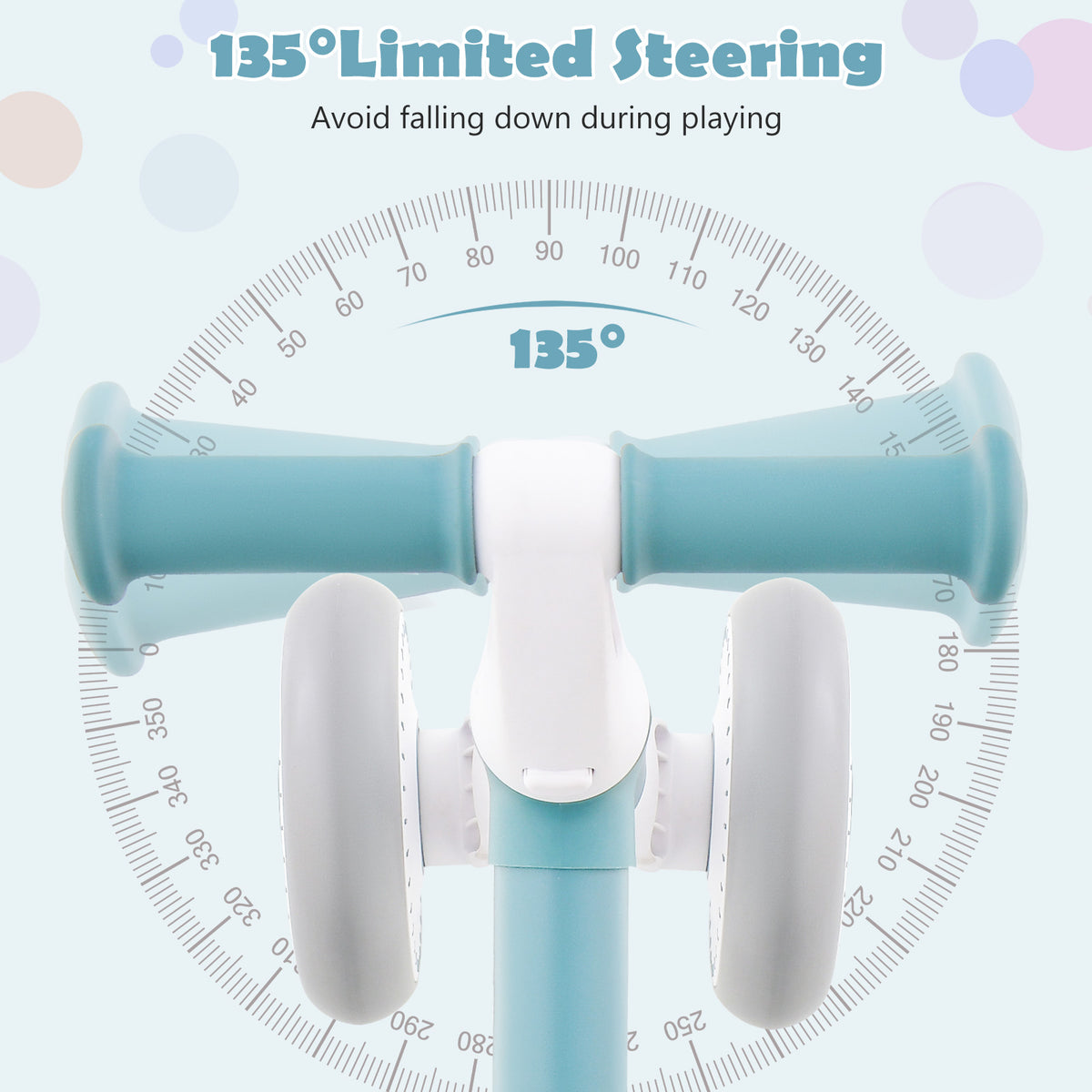 the blue training bicycle handlebars shown with a circular diagram illustrating steering range
