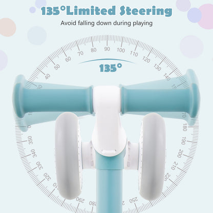 the blue training bicycle handlebars shown with a circular diagram illustrating steering range