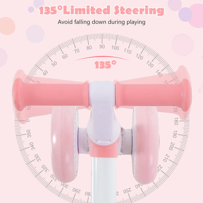 The pink toddler training bicycle handlebars and front wheel with steering angle indicator