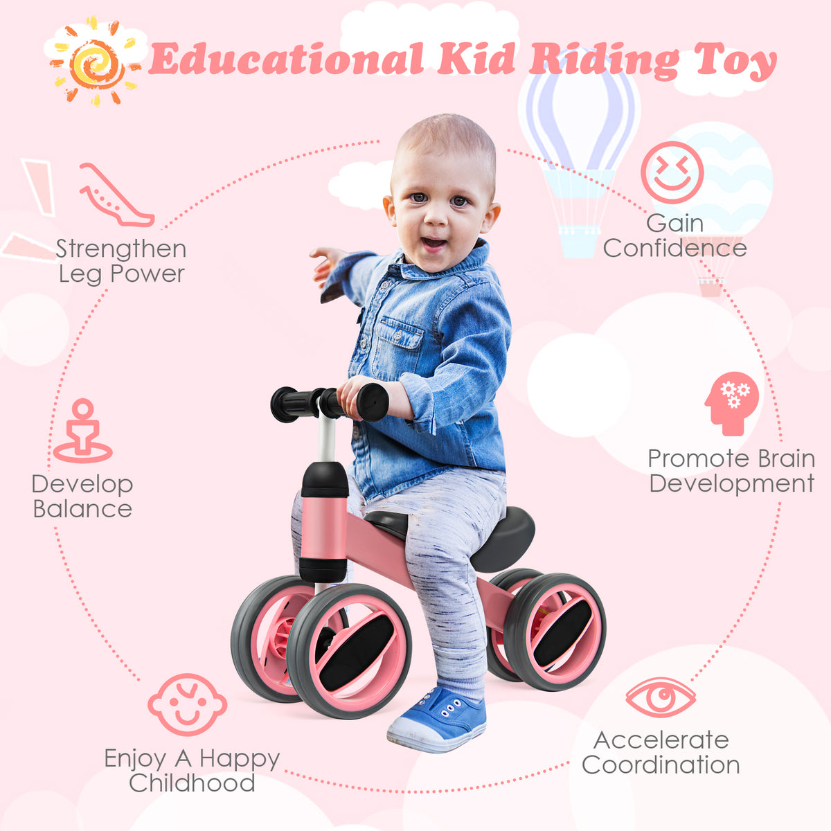 The balance bike with a toddler riding it surrounded by educational benefit icons