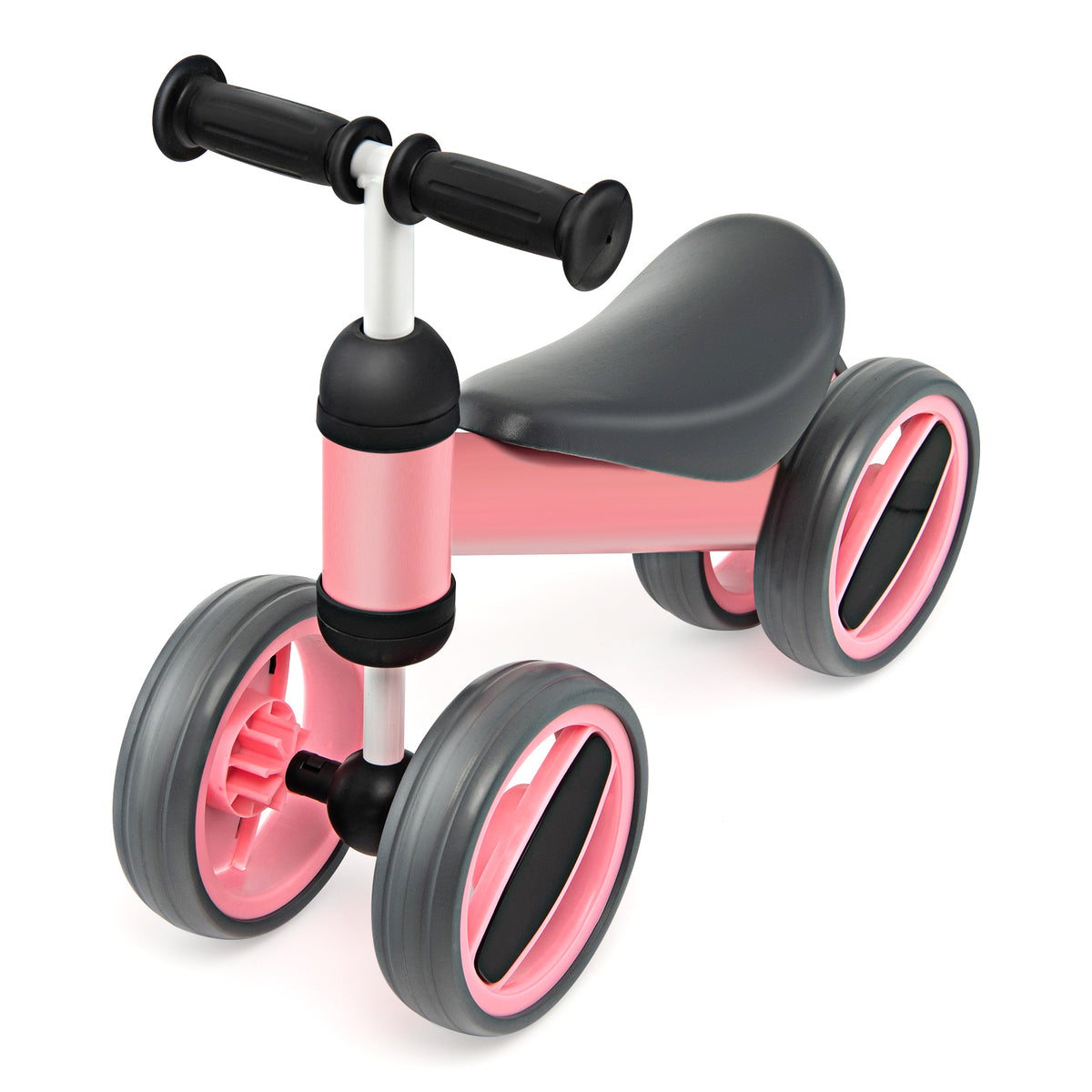 Baby Balance Bike with 4 Wheels and Limited Steering in pink with black seat and handle grips