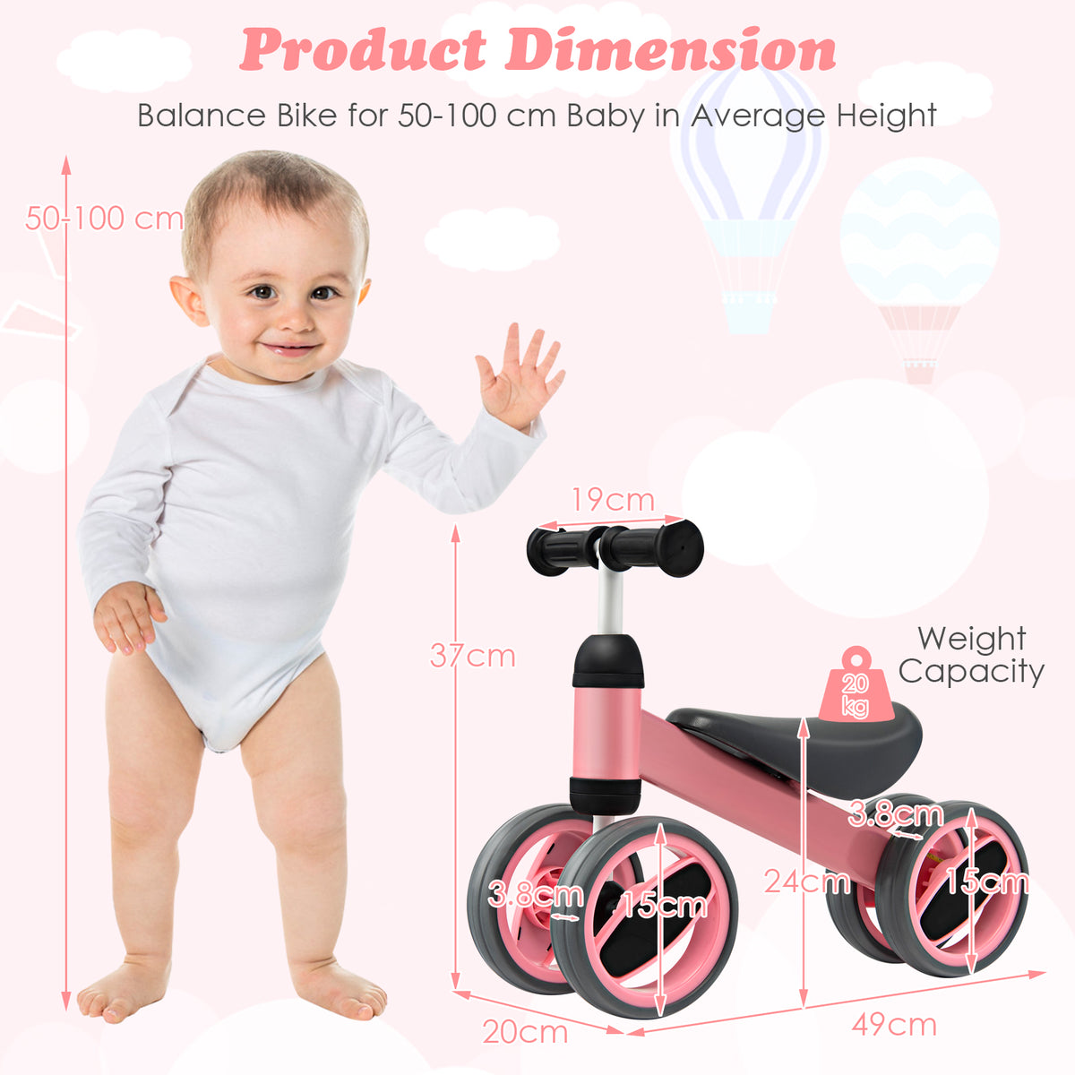The balance bike shown with various measurements and a standing baby for scale