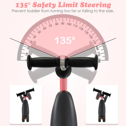 The balance bike handlebars showing the limited steering angle range from above