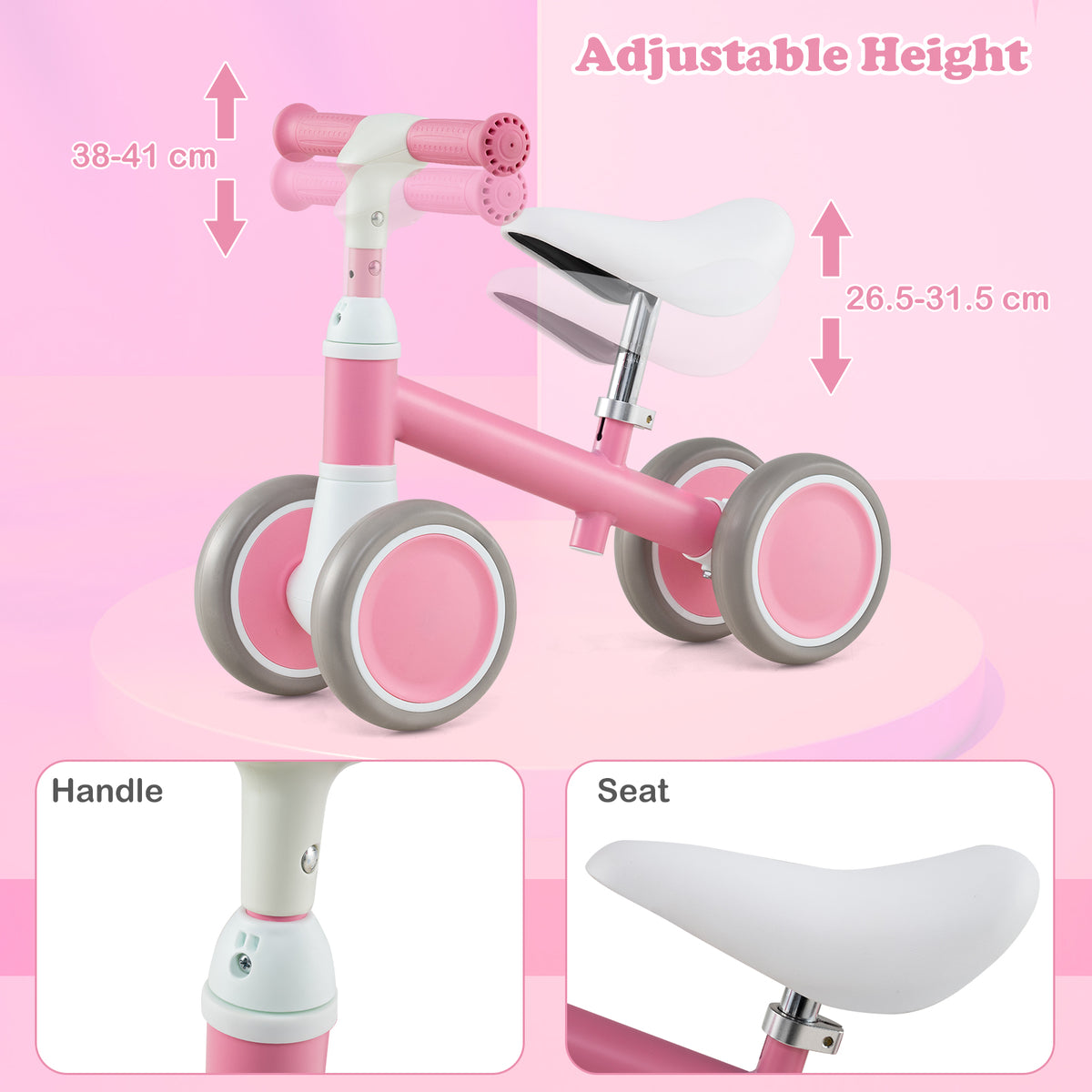 Close up of the adjustable handle and seat on the pink balance bike
