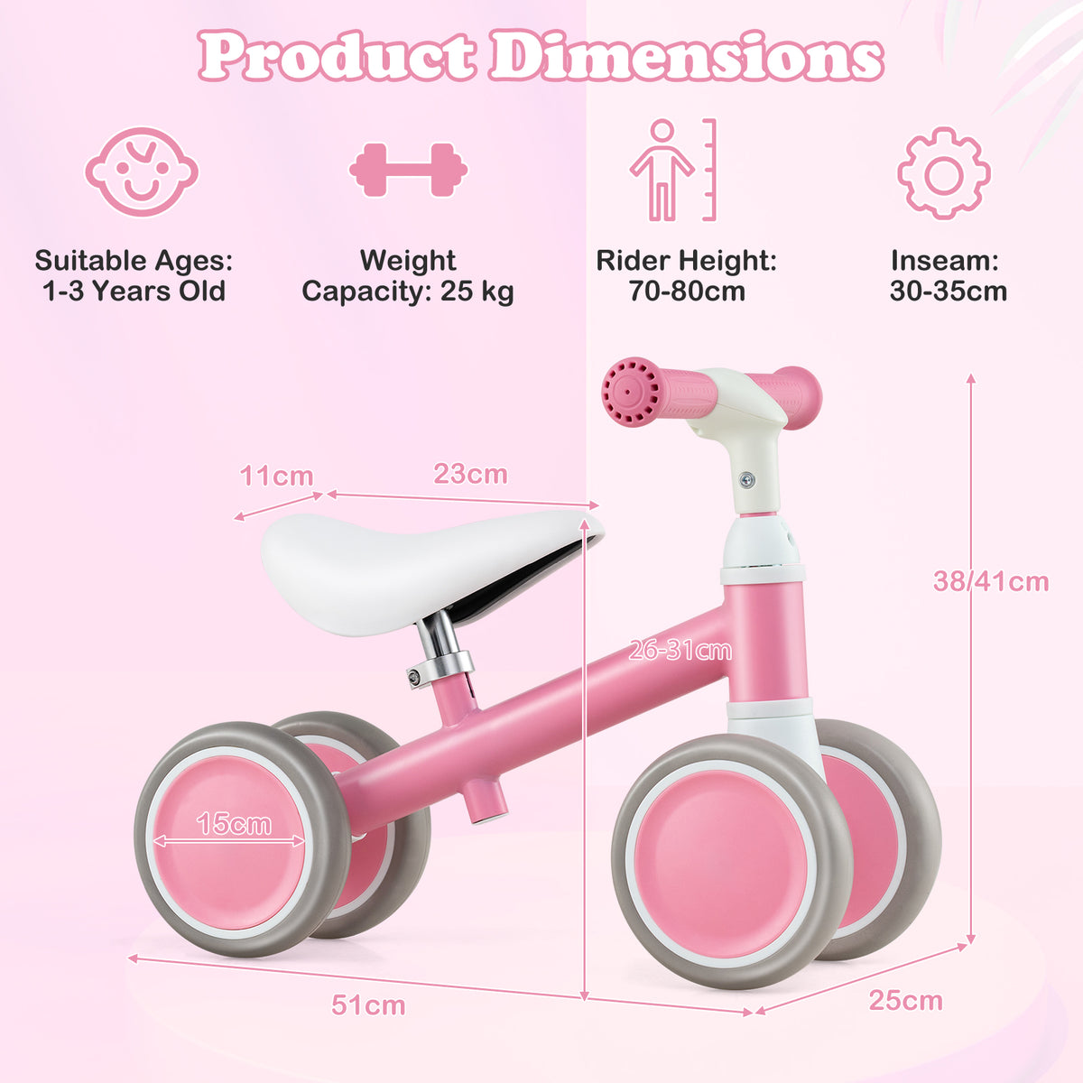Pink balance bike with dimensions and measurements shown