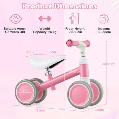Pink balance bike with dimensions and measurements shown