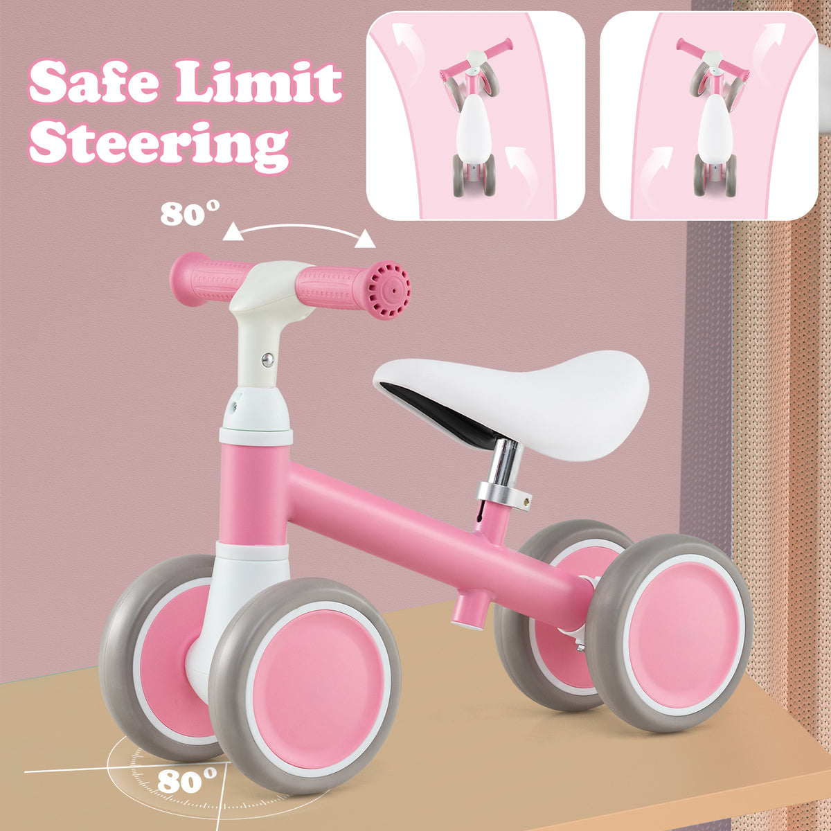 Pink balance bike showing safe limit steering feature