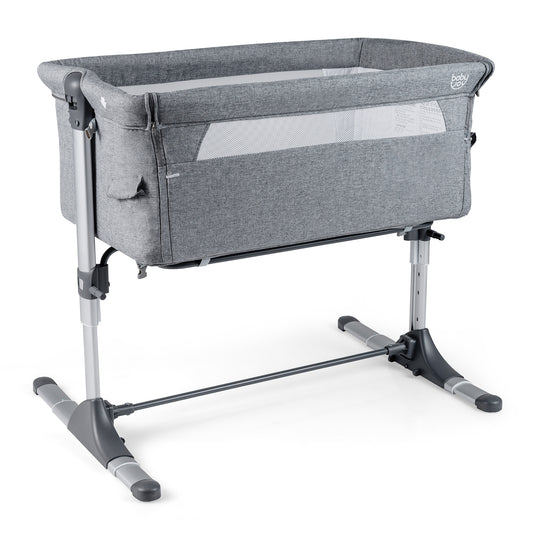 Baby Bassinet Crib Bedside Sleeper with Adjustable Height in grey fabric with metal legs