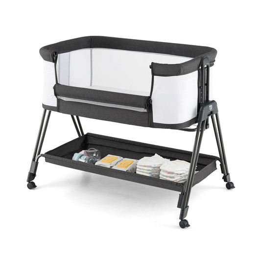 Baby Bedside Crib with Mattress for Birth to 9kg in grey with a storage shelf underneath