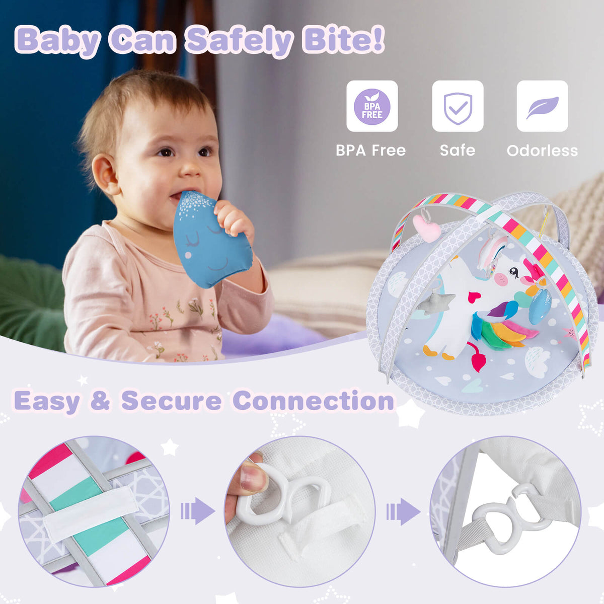 Close-up of the baby play gym mat showing a baby biting a toy and details of the mat construction