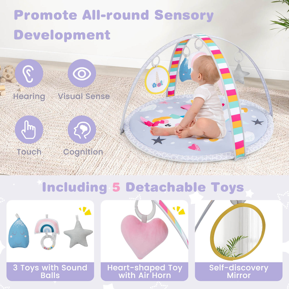The baby play gym mat with text promoting sensory development and listing the five detachable toys