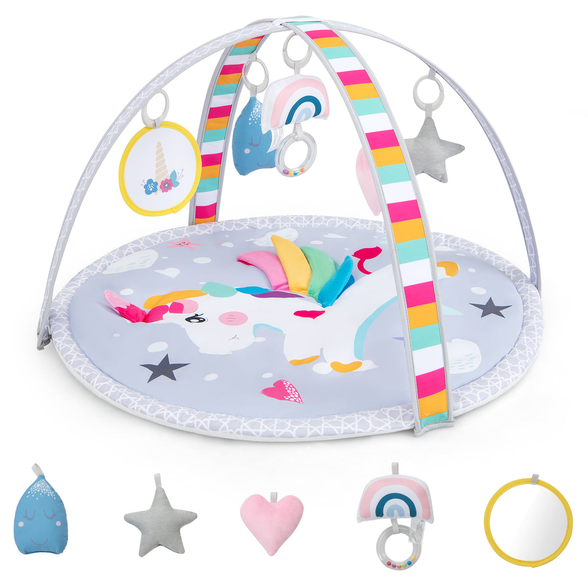 Baby Play Gym Mat 7-in-1 Tummy Time Activity with five detachable toys on a grey mat with a unicorn design
