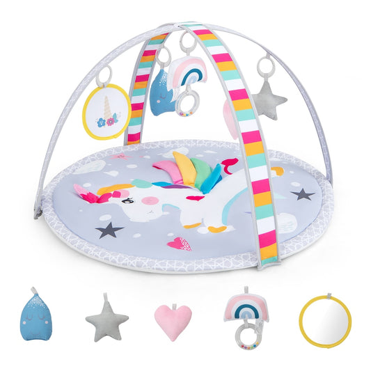 Baby Play Gym Mat 7-in-1 Tummy Time Activity with five detachable toys on a grey mat with a unicorn design