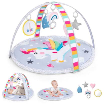 Collage showing the baby play gym mat with a baby and the detachable toys