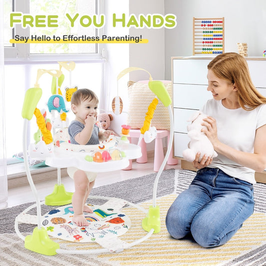 This baby jumper has a padded seat and colourful toys for entertainment
