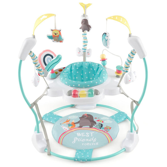 Baby Stationary Activity Center with a blue seat and hanging toys