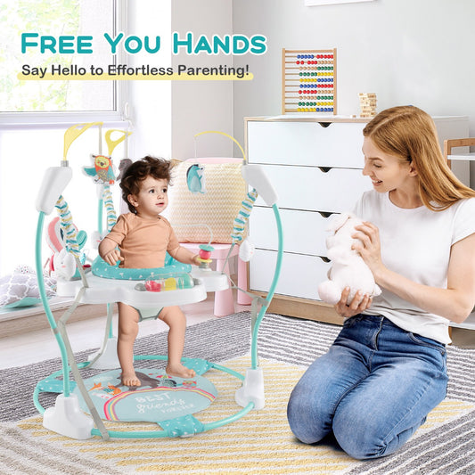 Mother playing with baby in the baby stationary activity center in a living room