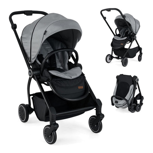 Baby Stroller with Reversible Seat Foldable Infant Pram Stroller in grey, shown from the front with the seat upright