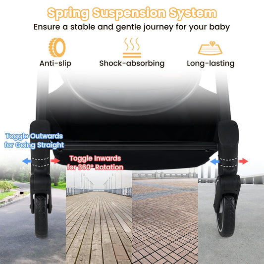 This grey baby stroller has a spring suspension system for a smooth ride