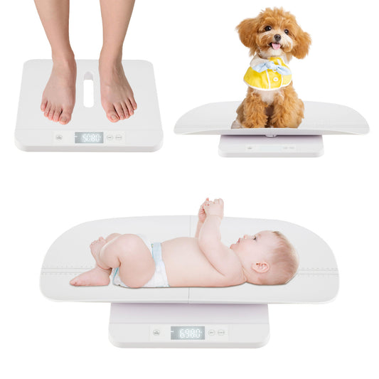 Baby Weight Scale shown in three modes with a person, a small dog, and a baby on the white tray