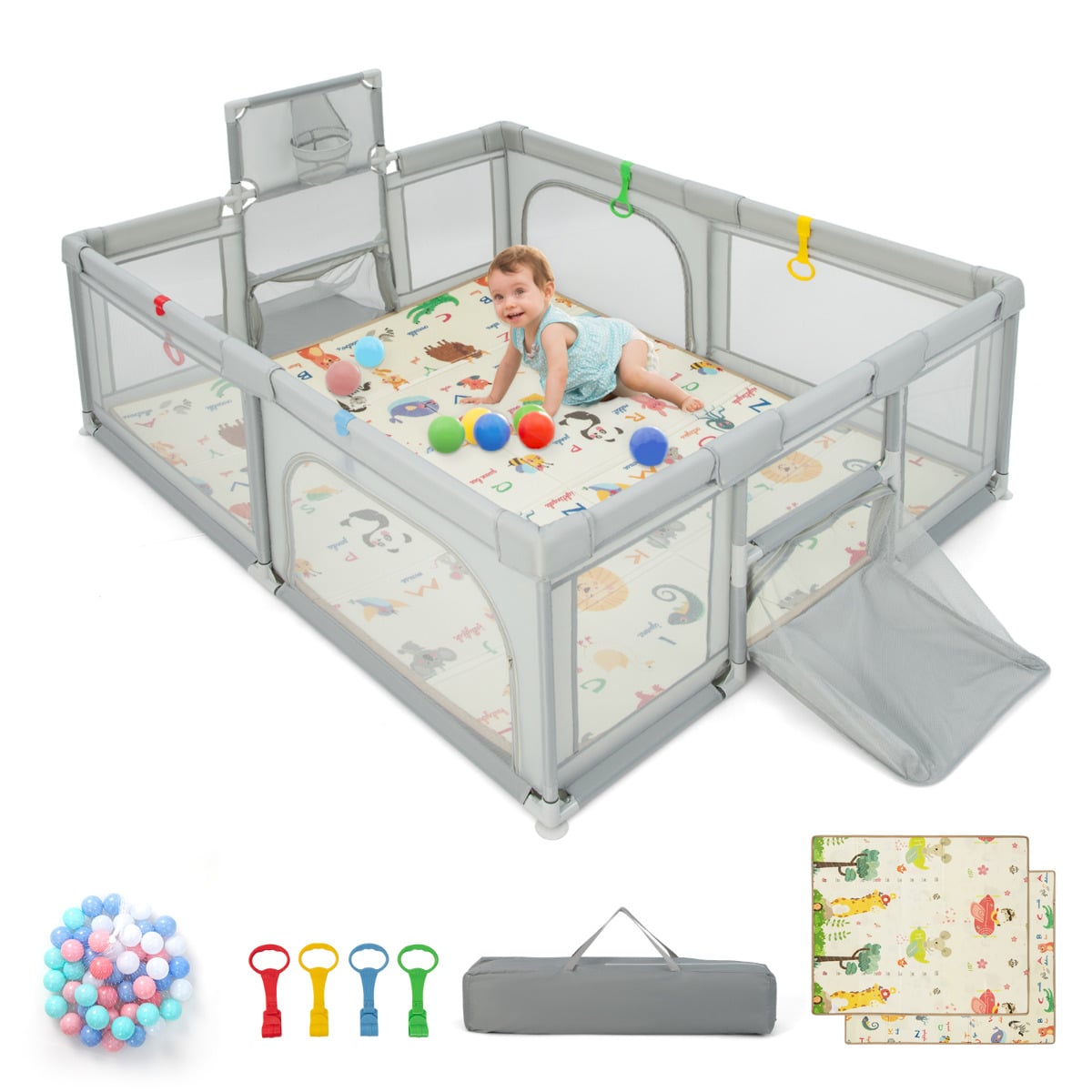 Baby Activity Play Set with Playpen Wooden Walker and Foam Climber