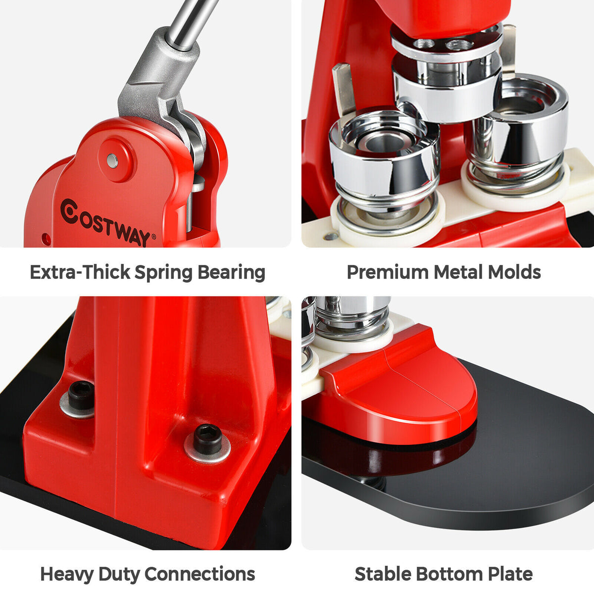 Badge maker with extra-thick spring bearing, premium metal molds, heavy duty connections and stable bottom plate