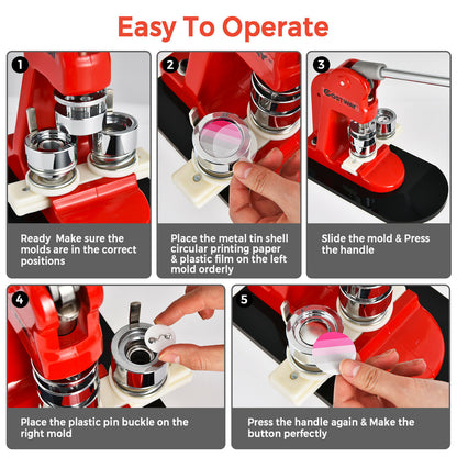 Five step-by-step instructions showing how to operate the badge maker to create a button