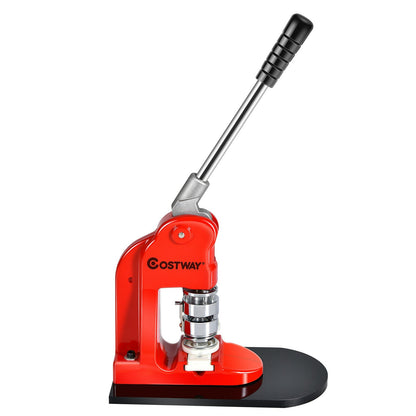 Badge Maker Pin Button Machine 25mm 1000 Cutter Kits in bright red with a long metal handle