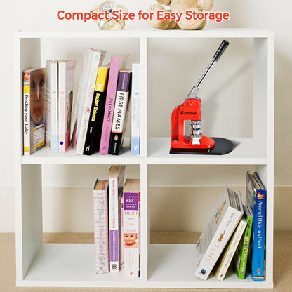 The badge maker placed on a shelf inside a white storage unit surrounded by various books