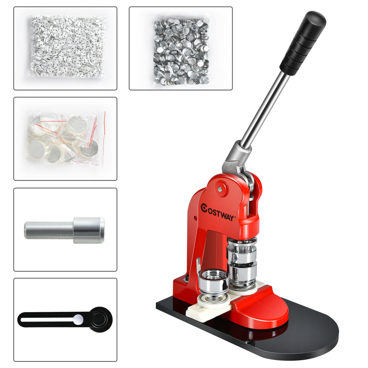 The badge maker shown alongside various bags of metal parts and a small circular cutter tool
