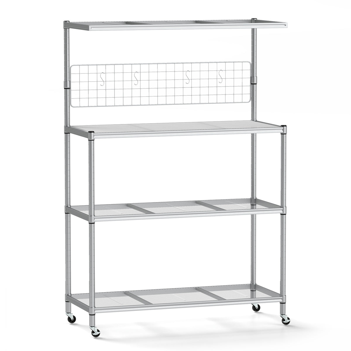 The kitchen island cart, empty and showing its structure and wheels