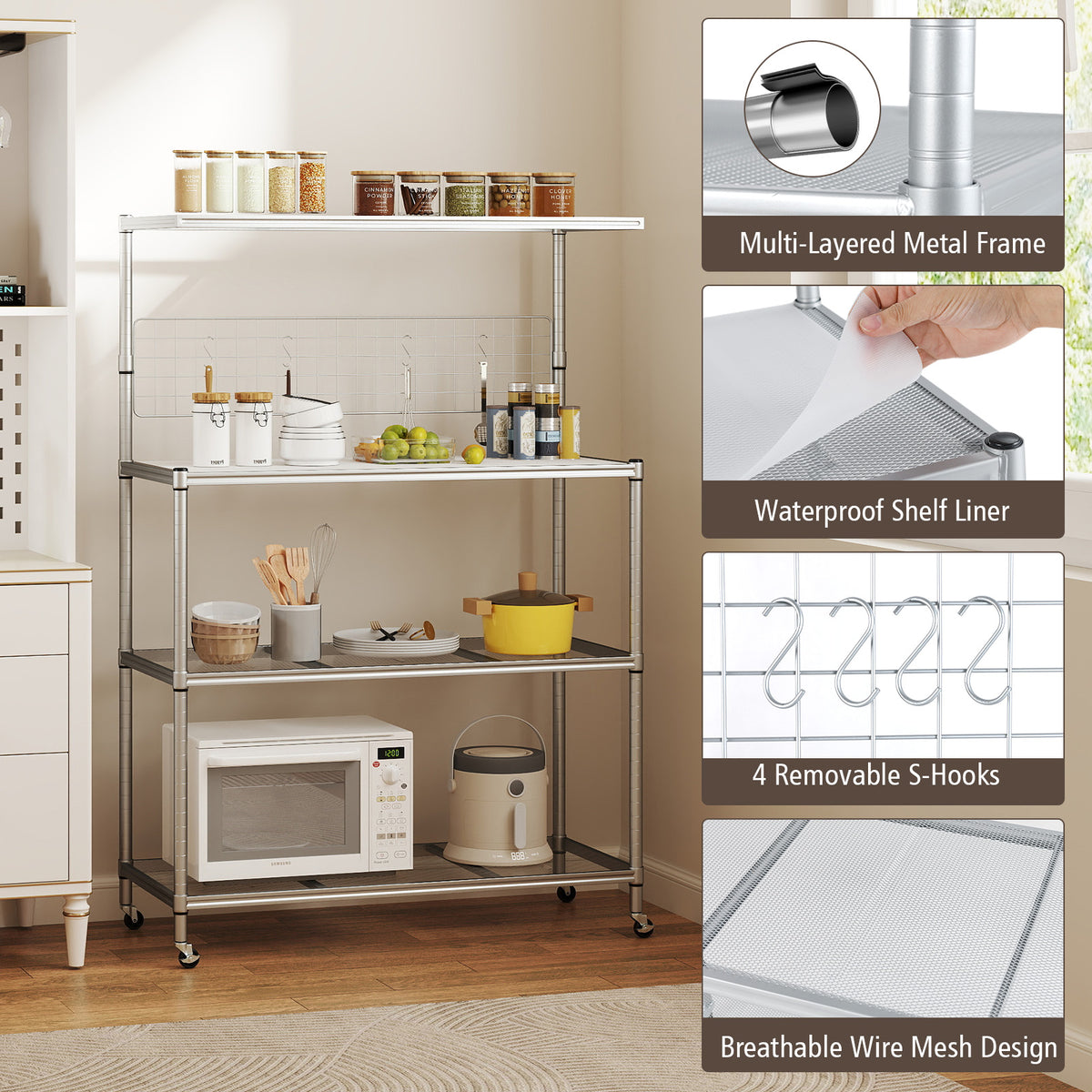 Close-up views of the kitchen island cart's features including shelf liner and hooks