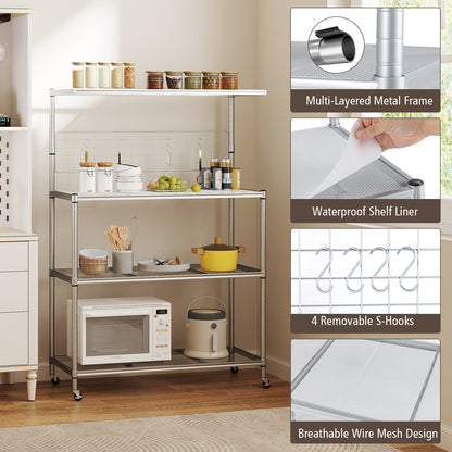 Close-up views of the kitchen island cart's features including shelf liner and hooks