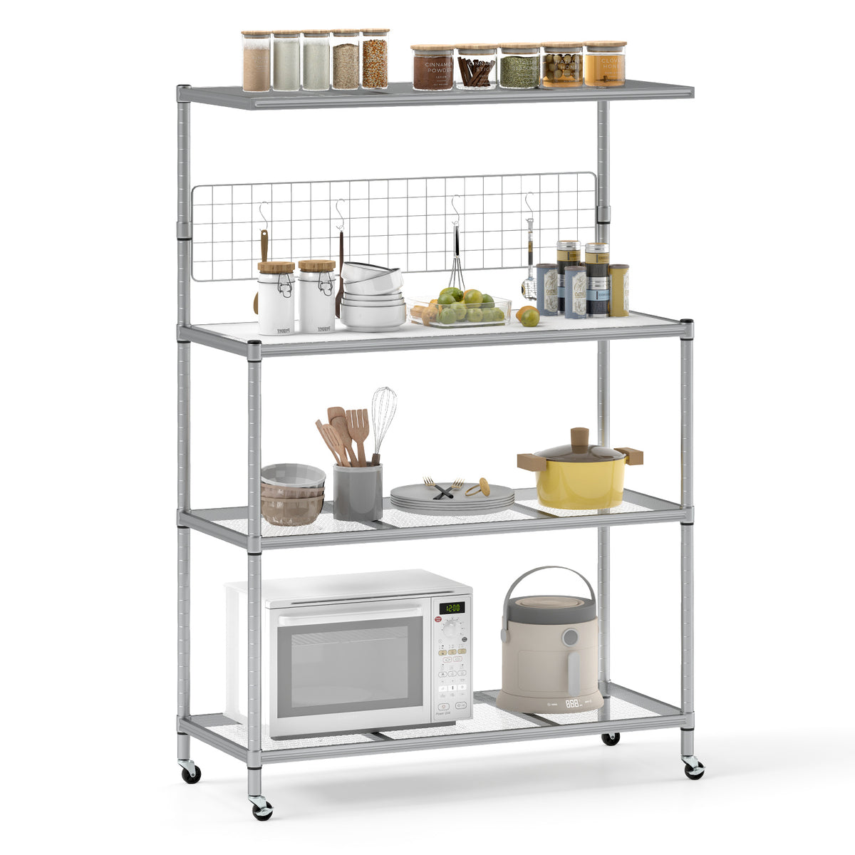 Bakers Rack on Wheels with adjustable shelves and shelf liner-silver, fully assembled and stocked with kitchen items