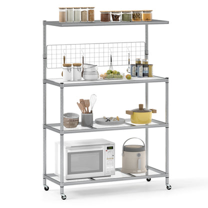 Bakers Rack on Wheels with adjustable shelves and shelf liner-silver, fully assembled and stocked with kitchen items