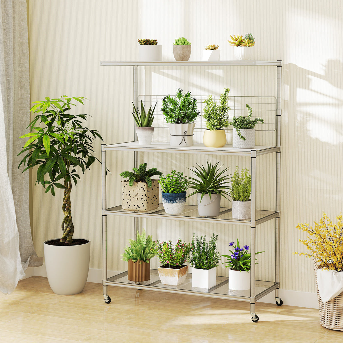 The bakers rack on wheels, styled as a plant stand with various potted plants on each shelf