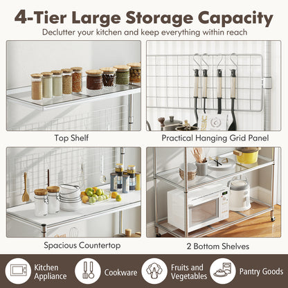 The bakers rack on wheels, detailing its four shelves, countertop, and hanging grid panel