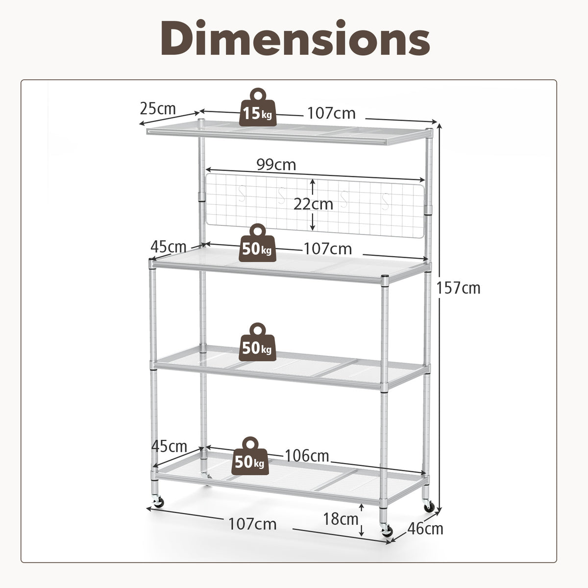 Dimensions diagram for the silver bakers rack on wheels, showing height, width, and depth measurements